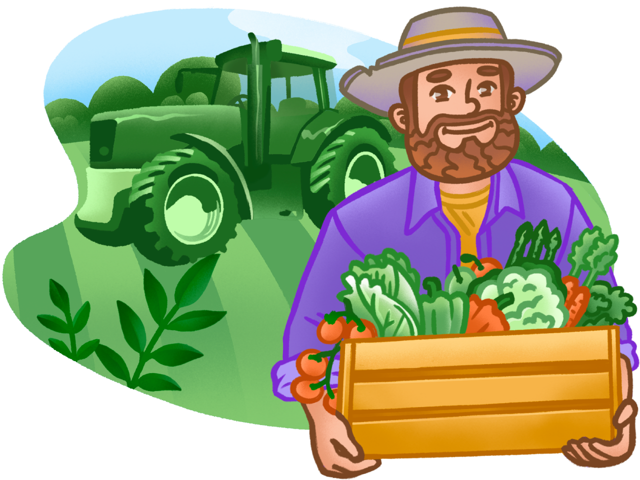 Ilustracija farmera koji drži kutiju punu usjeva. Farmer stoji na pozadini svoje njive i traktora. U sanduku ima razno povrće i voće